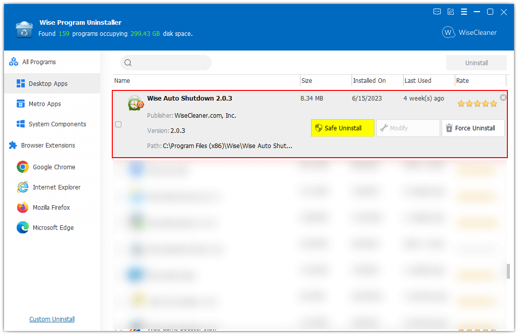 Uninstall Wise Auto Shutdown with Wise Program Uninstaller