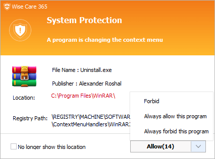 wise care 365 protects the context menu