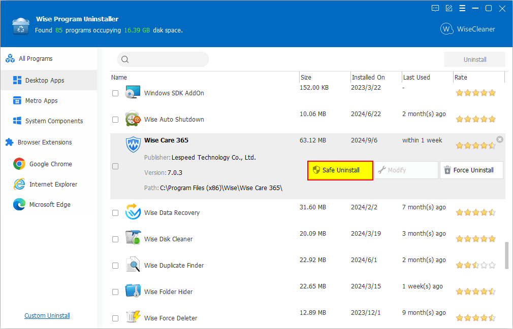 Uninstall wise care 365 by using wise program uninstaller