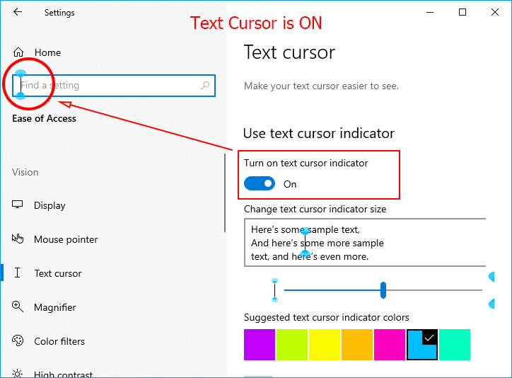 Windows 10 text cursor is on