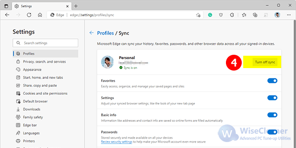 turn off MS Edge account sync