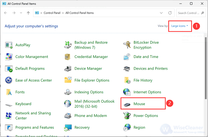 Select Large icons to find the Mouse item 