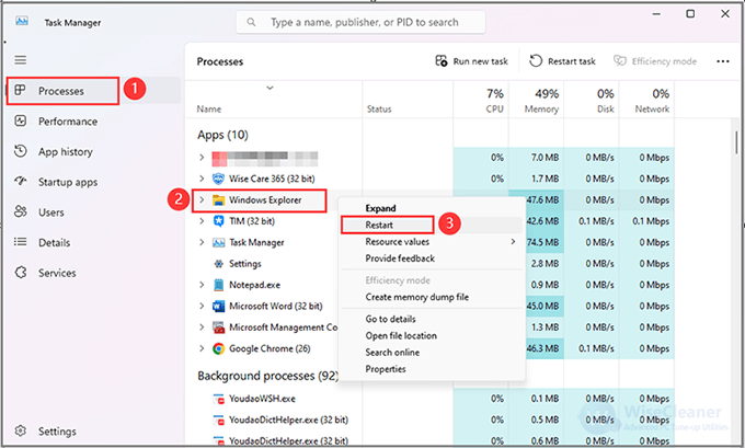 2.	Locate Windows Explorer in the list of running processes. 