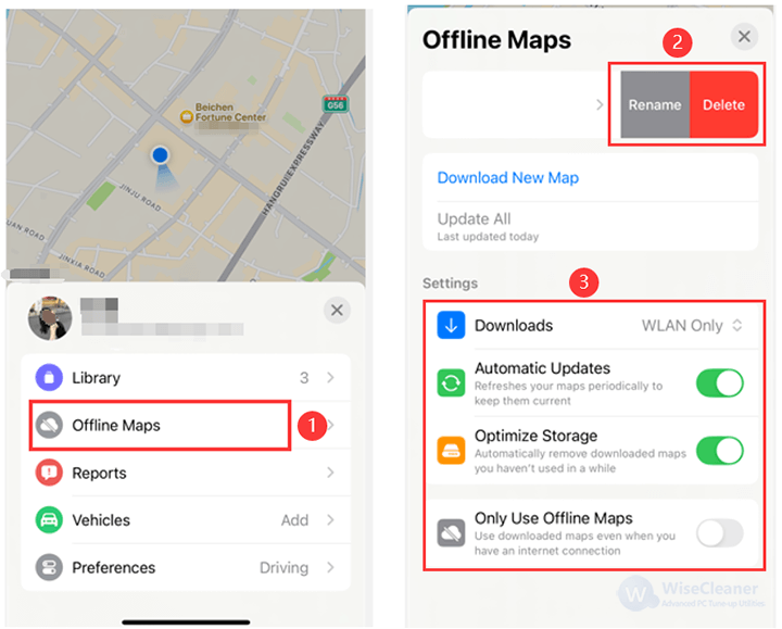 Click the profile photo, then hit the Offline Maps to view and manage your downloads. 