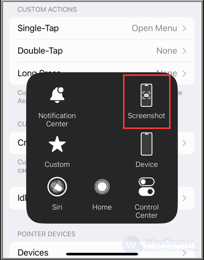 Tap on the AssistiveTouch menu on your screen to select Screenshot option. 