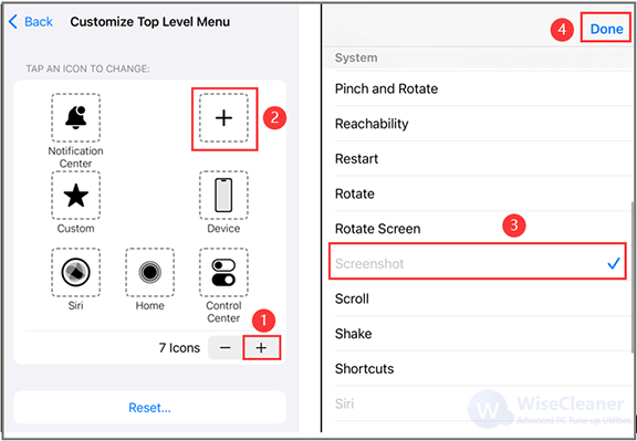 Tap the Add button to find and select Screenshot as an option. 