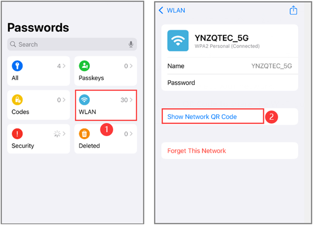 Tap on the Wi-Fi section and select your network, and then tap Show Network QR Code. 